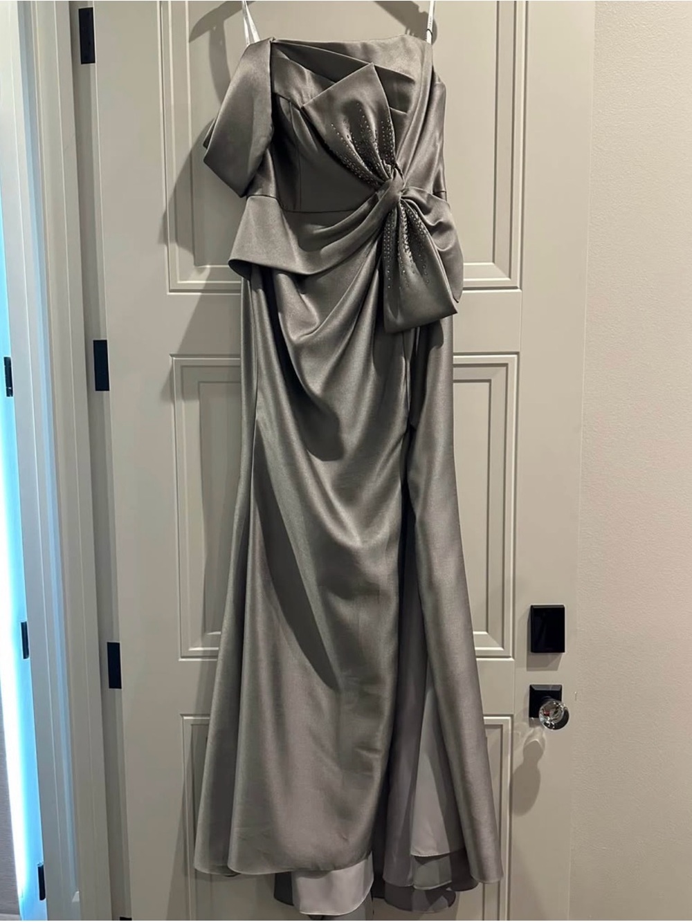 Terani Couture Light Gray Strapless or one shoulder Evening Gown with Waist Bow